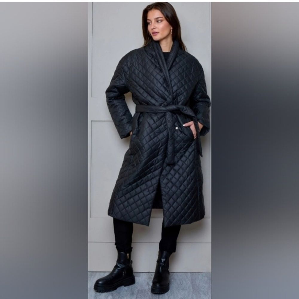 NEW EE By Etcetera Women's Black Belted Quilted Puffer Trench Coat Jacket Size M